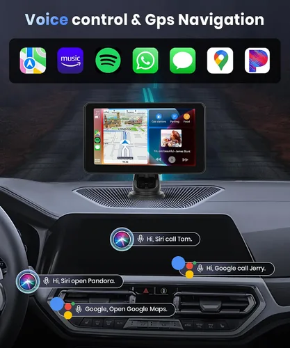 Miniatura 2 de Podofo Pantalla inalámbrica Carplay para coche, 7 pulgadas, 1080P HD IPS, pantalla táctil portátil para radio de coche, receptores de audio de radio