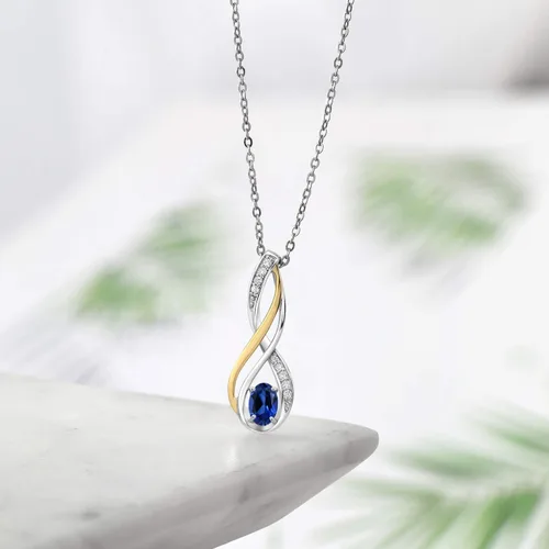Miniatura 4 de Gem Stone King Collar con colgante de plata de ley 925 y oro amarillo de 10 quilates, zafiro creado en azul y diamantes blancos cultivados