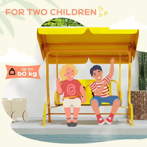 Miniatura 6 de Qaba Columpio de patio para niños, 2 plazas para porche al aire libre con toldo ajustable, cinturón de seguridad, banco colgante con patrón de león