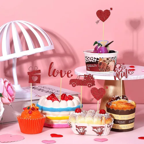 Miniatura 5 de Pajean 60 piezas de decoración para cupcakes para el día de San Valentín con purpurina roja y corazón de amor, beso me Lip Be Mine, caja de regalo