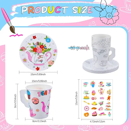Miniatura 2 de Lenwen Juego de 48 tazas de fiesta de té con asa, tazas y platos de papel de 8 onzas para colorear tú mismo, tazas y platos para aperitivos, postres