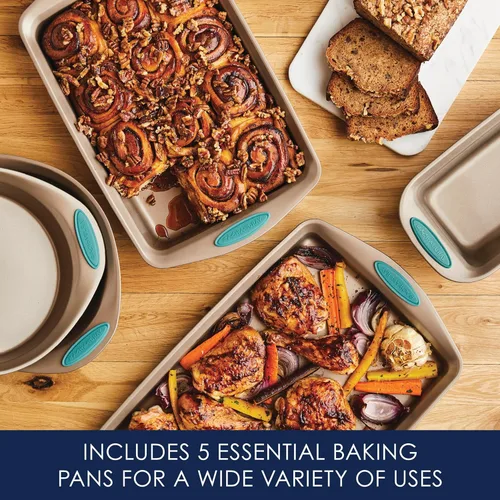 Miniatura 6 de Recipientes para horno Rachael Ray, set de 5 piezas antiadherentes, Azul agave Latte Brown con Puños Azul Agave