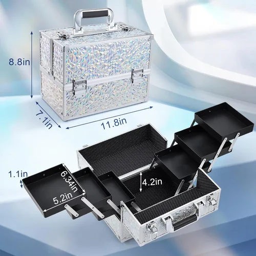 Miniatura 6 de Frenessa - Maletín de maquillaje portátil de 12 pulgadas, 6 bandejas de maquillaje, organizador de maquillaje profesional con llaves con cerradura