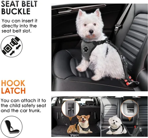 Miniatura 2 de SlowTon Cinturón de seguridad para perro, correa de cinturón de seguridad ajustable para perro, 2 en 1, cinturón de seguridad para perro con Negro