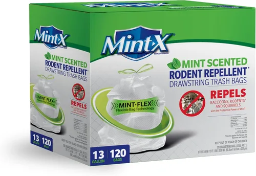 Mint -X - Bolsas de basura altas con cordón para cocina, repelente de roedores, con tecnología Mint-Flex, 13 galones, 120 unidades, color blanco