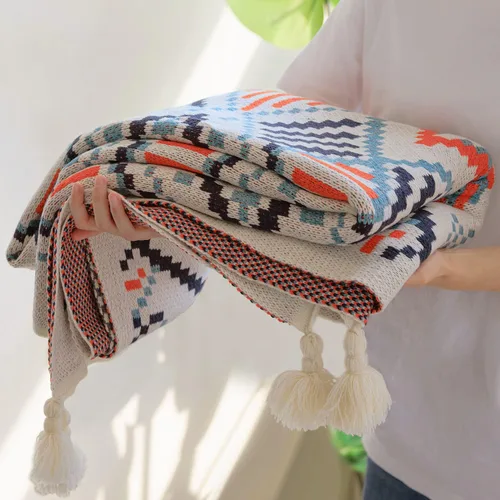 Manta Azul, Mantas Tejidas Bohemias con Borlas, Manta Suave y Colorida para Sofá, Sillón, Cama y Sala de Estar, Azul y Naranja (50x60 Pulgadas)