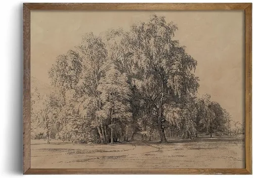 Miniatura 6 de Póster con estampado de árboles del bosque, color beige, dibujo de paisaje, grabado rústico, gris, arte de pared apagado, boceto gris neutro