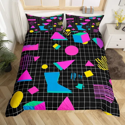 Miniatura 36 de Juego de funda de edredón retro de los años 80 y 90 para hombres y niños, tamaño matrimonial, con formas geométricas redondas triangulares, funda