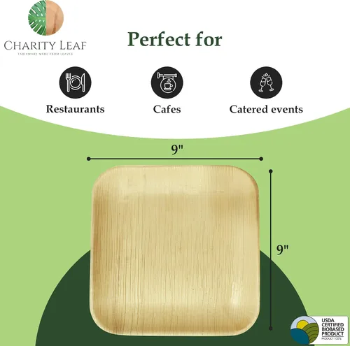 Miniatura 4 de Platos cuadrados desechables de hoja de palma Charity Leaf de 9" (22.86 cm) (50 piezas) Platos de servir tipo bambú, tablas desechables, vajilla