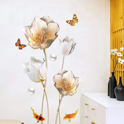 Miniatura 2 de Calcomanías de pared florales de flor de loto, calcomanías de pared de tulipán para sala de estar, decoración de pared extraíble para el hogar