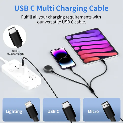 Miniatura 6 de Cable USB C múltiple [2 unidades, 4 pies], cable de carga 3 en 1 para múltiples dispositivos, cables de carga trenzados, cable de carga de teléfono