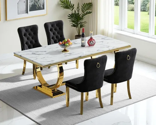 Miniatura 56 de Moderno juego de mesa de comedor de mármol sintético de 68.11 pulgadas para 6, mesa de comedor de mármol blanco y plateado con 6 sillas de Blanco