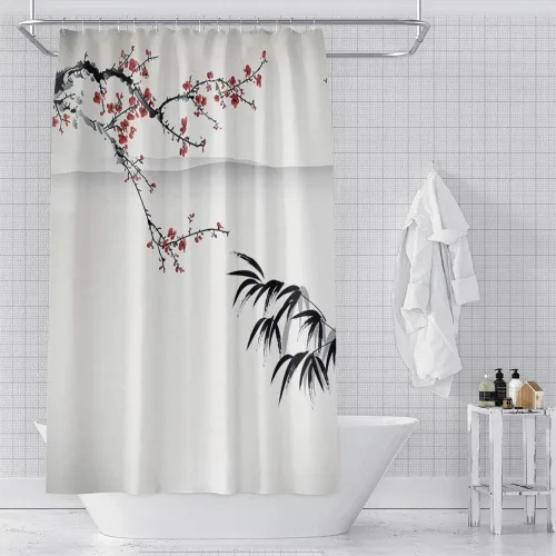 Miniatura 17 de Cortina de ducha japonesa con flores de cerezo blanco, pétalos que caen, decoración de fondo rosa, tela impermeable, cortina de baño floral