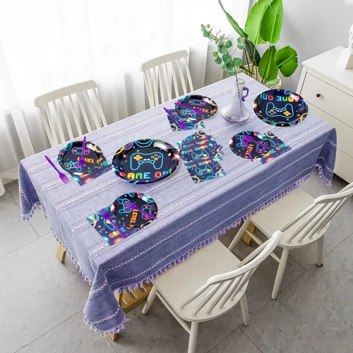 Miniatura 5 de 96 platos de fiesta de videojuegos, suministros de neón para fiestas, decoraciones de vajilla que brillan en la oscuridad, platos de papel