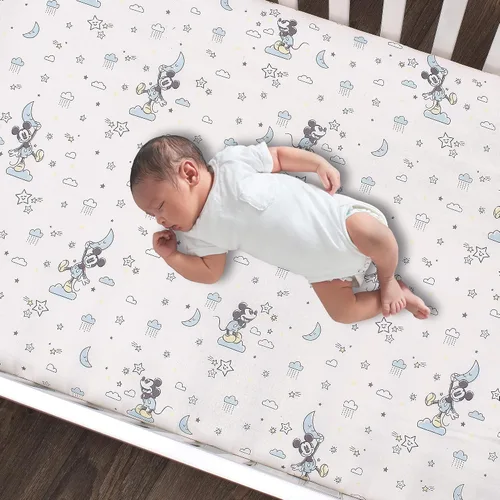 Miniatura 2 de Lambs & Ivy Disney Baby Moonlight Mickey Mouse - Sábana bajera ajustable para cuna, color blanco Luz de luna Mickey