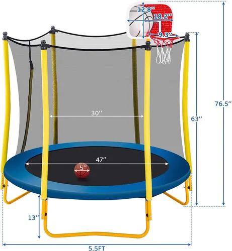 Miniatura 4 de Merax Trampolín de 66 pulgadas para niños con aro de baloncesto, bola de goma y red de recinto, mini trampolín pequeño de 5.5 pies para interiores
