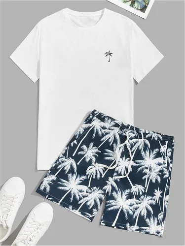 Miniatura 17 de GORGLITTER Conjunto de 2 piezas de camiseta gráfica de manga corta para hombre, estampado hawaiano con cordón y pantalones cortos