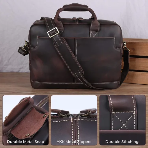 Miniatura 4 de Maletín de cuero genuino para hombre, maletín de cuero de grano completo de 16 pulgadas, bolsa de mensajero con cremalleras de metal YKK
