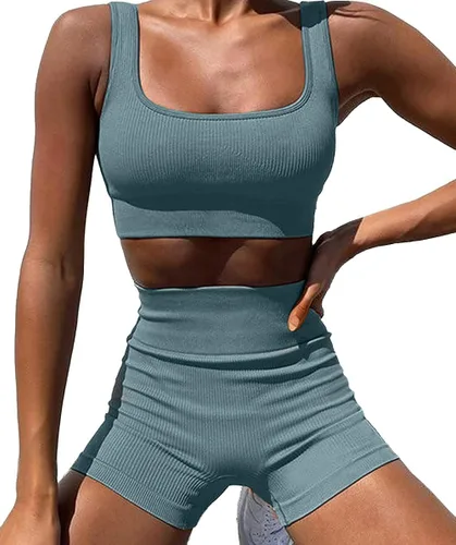 Miniatura 8 de fatty tiger Conjuntos de entrenamiento acanalados para mujer, 2 piezas, trajes de gimnasio, ombligueras, pantalones cortos de cintura alta