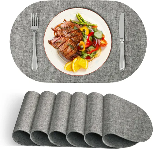 DOLOPL Juego de 6 manteles individuales ovalados de piel sintética gris resistentes al calor, antideslizantes, manteles individuales lavables y