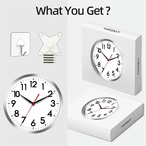 Miniatura 7 de AKCISOT Reloj de pared silencioso de 10 pulgadas, funciona con pilas, sin tictac, moderno reloj plateado decorativo para cocina, baño, dormitorio