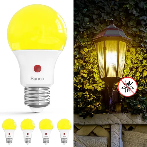 Sunco - Bombillas amarillas para exteriores A19, luces LED para insectos para exteriores del anochecer al amanecer, 480 LM, 9W, 2000K brillo ámbar,