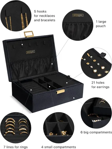 Miniatura 3 de Benevolence LA Joyero de 2 capas para mujer, organizador de joyas grande de terciopelo con cerradura decorativa, bandeja de joyería extraíble