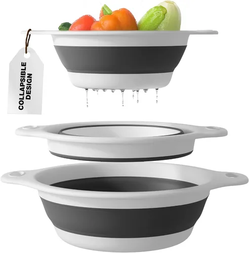 Miniatura 7 de Gevoli Coladores plegables (juego de 3) coladores de alimentos con base de drenaje de agua sobre el fregadero para pasta, frutas y verduras