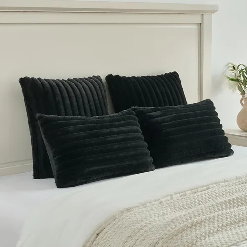 Miniatura 5 de FUTEI - Juego de 2 fundas de almohada decorativas con rayas, cuadradas, para invierno, piel sintética de conejo suave y acogedora y respaldo de Negro
