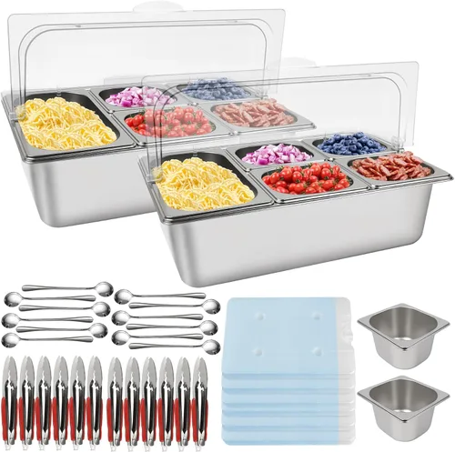 Miniatura 12 de Pizza Topping Station 7 sartenes, barra de ensalada, estación de buffet, servidor de bufé de alimentos fríos con tapas de bolsas de hielo, juego