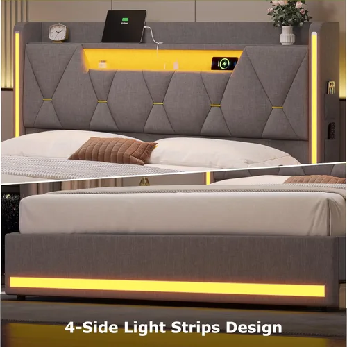 Miniatura 4 de busyaeh Base de cama Queen con cabecera de almacenamiento, marco de cama de metal con luces LED y estación de carga, cama Queen tapizada