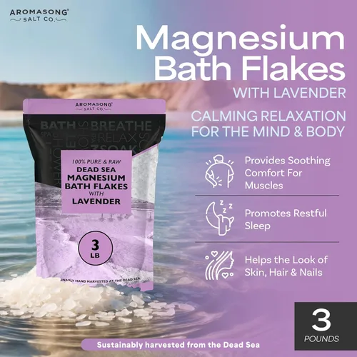 Miniatura 2 de Aromasong Copos de baño de magnesio RAW con lavanda 100% natural, 3 libras de sales orgánicas relajantes musculares de cloruro de magnesio, remojo