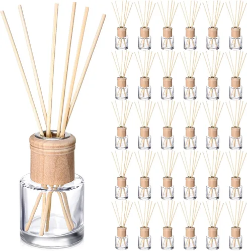 Miniatura 12 de Roshtia Juego de 2 botellas difusoras de varillas vacías recargables con fragancias de vidrio con tapas de madera, varillas de 1.7 onzas, tarros