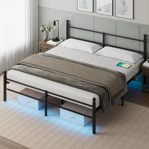 Miniatura 10 de Base de cama tamaño Queen con cabecero, plataforma de metal con luces LED, estación de carga, almacenamiento debajo de la cama y soporte de listones