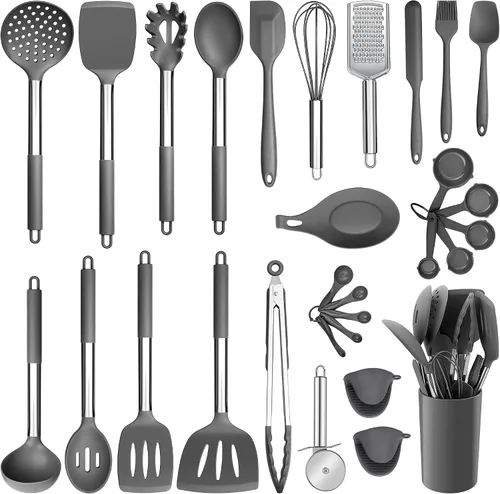 Miniatura 17 de E-far - Juego de utensilios de cocina de silicona, juego de 30 utensilios de cocina con soporte, espátulas de cocina resistentes al calor, cucharón