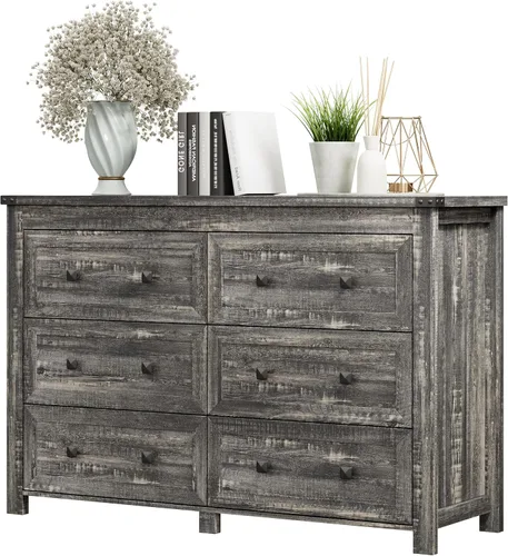 Miniatura 27 de Cómoda para dormitorio con 6 cajones, cómoda de madera de granja, soporte de TV ancho con mango de metal, organizador de ropa moderno para pasillo