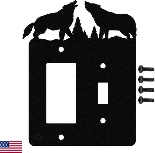 Miniatura 16 de Interruptor de luz de palanca Howling Wolves y placa de pared dúplex individual (palanca individual con potencia, negro) - Fabricado en Estados