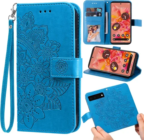 Compatible con Google Pixel 6 - Funda tipo cartera y protector de correa de muñeca de cuero con diseño de flores, soporte para tarjetas de crédito,