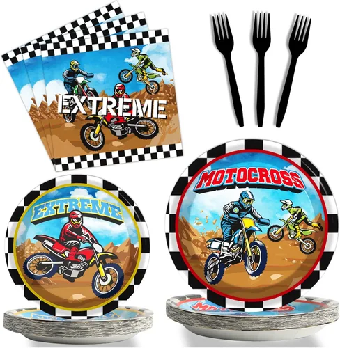 96 piezas de vajilla para fiesta de motocross de bicicletas de tierra - Sirve para 24, incluye platos, servilletas, decoración para cumpleaños de