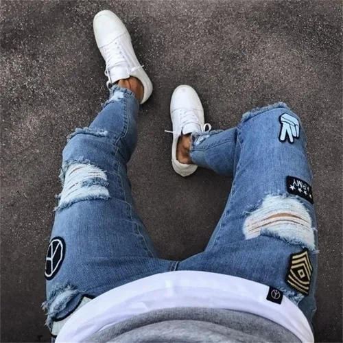 Miniatura 3 de Pantalones de mezclilla ajustados para hombre, ajustados, rasgados, ajustados, desgastados, con agujeros rasgados