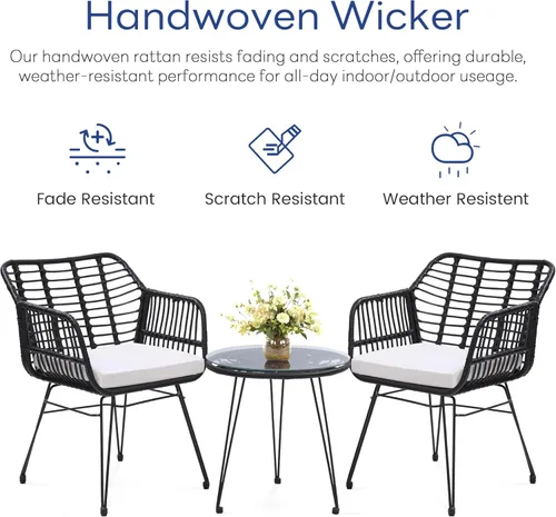Miniatura 6 de KROFEM - Juego de muebles de ratán para patio de 3 piezas estilo bistró, incluye 2 sillas de ratán y mesa con tapa de vidrio, ideal para porche