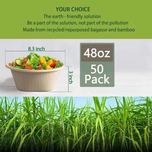 Miniatura 2 de Homestockplus Cuenco grande desechable – Cuencos de papel resistentes – Hecho de caña de azúcar y fibra de bambú, apto para microondas – Cuencos