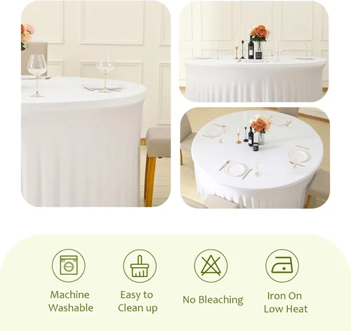 Miniatura 3 de Mantel redondo de 60 pulgadas blanco con borde elástico – Mantel ajustado sin arrugas y lavable para mesa redonda de 5 pies, mantel reutilizable
