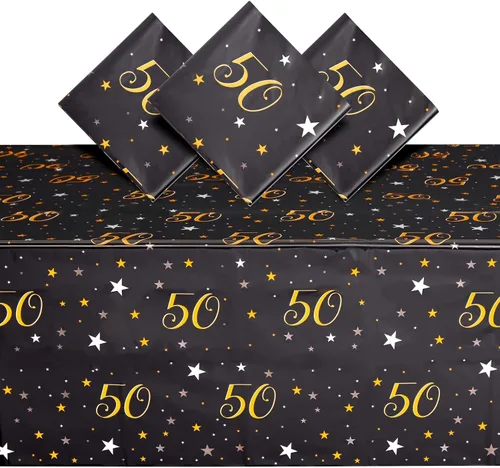 Miniatura 6 de Juvale Manteles de 50 cumpleaños – Paquete de 3, 54 x 108 pulgadas, negro y dorado, decoraciones de cumpleaños 50 para hombres y decoraciones