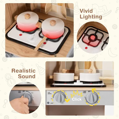 Miniatura 3 de HONEY JOY Juego de cocina para niños, cocina de madera para niños pequeños, microondas, grifo, estufa con luces, pizarra, armario de almacenamiento
