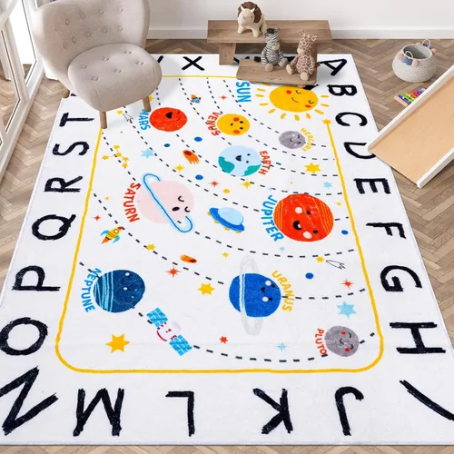 Miniatura 10 de ABC Space - Alfombra para niños, 3 pies 3 pulgadas x 4 pies 11 pulgadas, antideslizante, alfabeto, alfombra lavable, alfombra de felpa suave