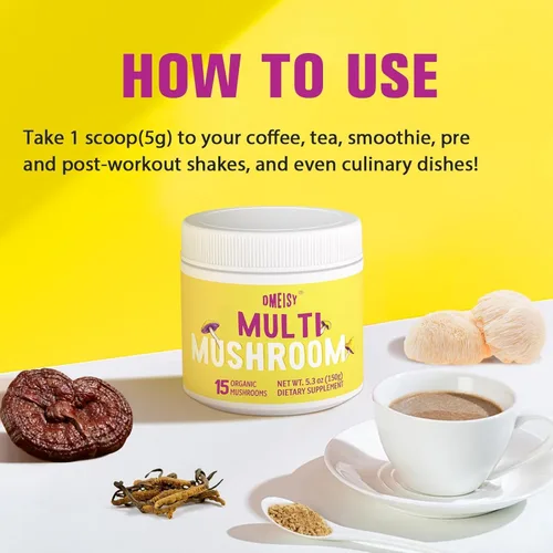 Miniatura 8 de Polvo de hongos para café de hongos, complejo de hongos 20 en 1 con polvo de melena de león, reishi, cordyceps, cola de pavo y hierbas, Amarillo