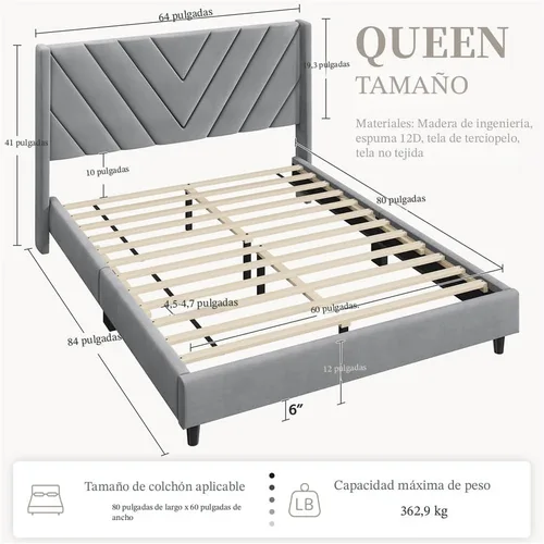 Miniatura 2 de Yaheetech Base de cama tamaño Queen con plataforma tapizada con lados en forma de ala/soporte de listones de madera/cabecera copetuda con lados