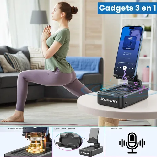 Miniatura 2 de JTEMAN Soporte para teléfono celular con altavoz Bluetooth, sonido estéreo HD y base antideslizante, soporte plegable ajustable para teléfono