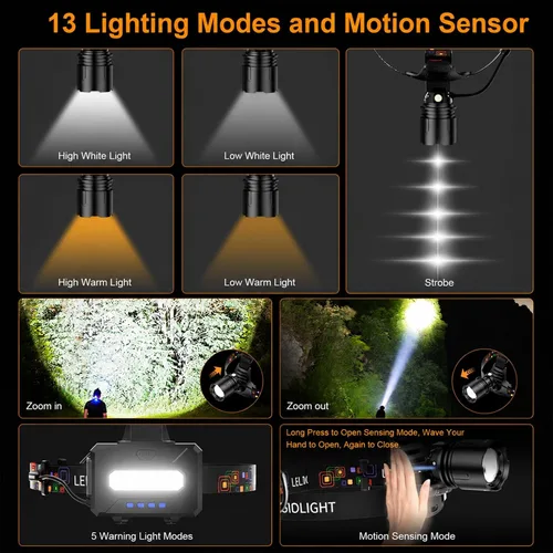 Miniatura 5 de SKYFIRE Linterna frontal recargable de 3000 lúmenes, faros LED más brillantes para adultos con batería de 7500 mAh, sensor de movimiento impermeable